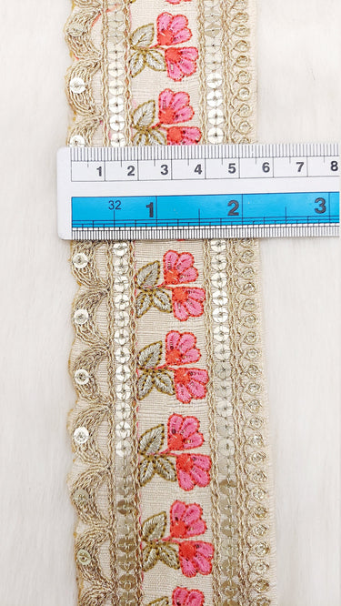 Art Silk Trim Gold Embroidered Sequins Pink Floral Trim, Decorative Trim, Indian Sari Border